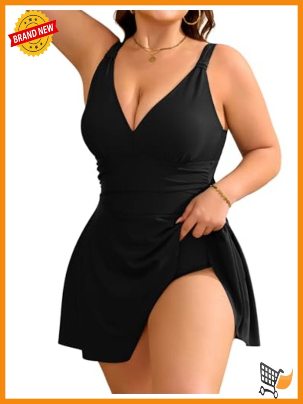 Plus Size One Piece Swim Dress Tummy Control V Neck Ruched High Waist Swimwear
